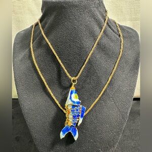 Vtg: Blue, Green, & Orange Enamel Articulated Fish Pendant Necklace